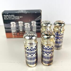 Vintage Set of Godinger Silver Filigree Cobalt Blue Glass Salt & Pepper Shakers